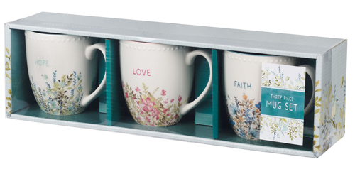 Faith Hope Love Inscribed White Ceramic Floral Designed Coffee Mugs in Gift Box