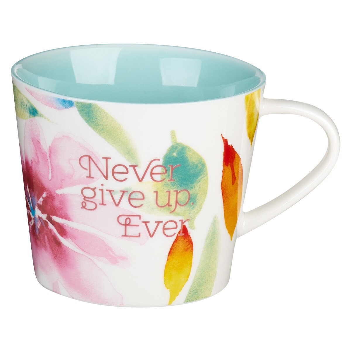 White Ceramic Coffee Mug with inscribed words "Never Give Up" and  floral design and blue interior.