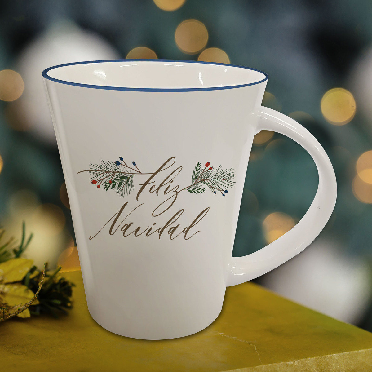 White Ceramic Mug with Feliz Navidad Inscribed