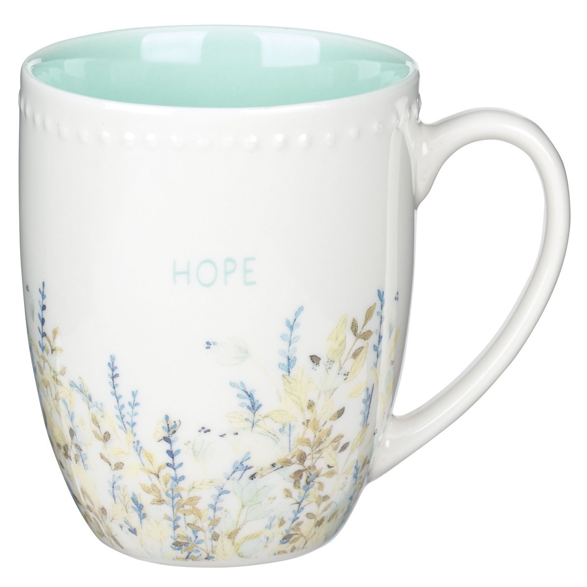 Hope Inscribed White Ceramic Floral Designed Coffee Mug  with Mint Colored Interior